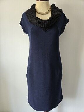 Joseph Ribkoff Navy Shift Dress with Black Knit Cowl Neck. Size 6